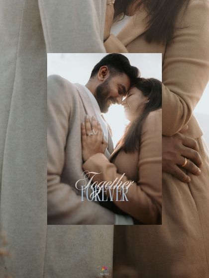 A creative collage that frames an intimate close-up of the couple within a wider shot of their embrace, symbolizing their world together.