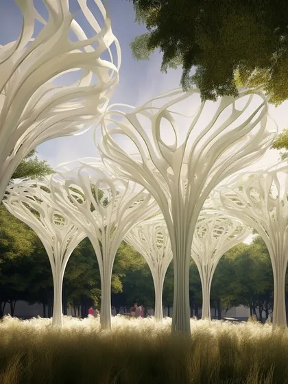 The sculptural, tree-like structures of the Meadows Plaza during the virtual day, showcasing their intricate, organic forms.
