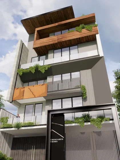 An elegant modern facade concept for an upcoming residence. The design features a mix of materials, including wood-clad overhangs, glass railings, and a perforated corten steel screen for a touch of industrial chic.