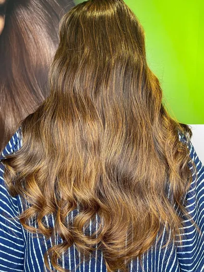 Another angle of the finished caramel brunette balayage, full of life and color.