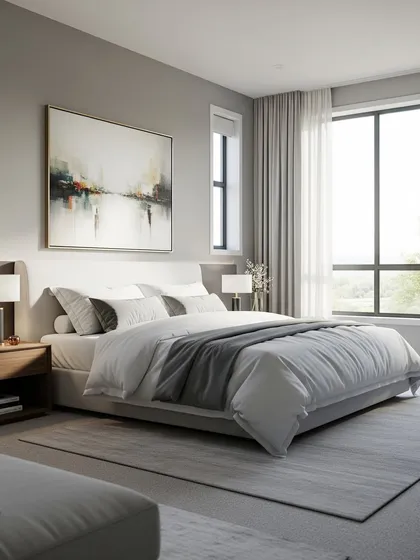 A minimalist bedroom design that emphasizes natural light from a large window. The neutral grey and white color palette, abstract artwork, and simple furniture create a serene and uncluttered space.