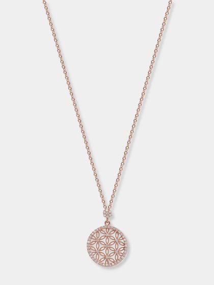 A rose gold necklace with a geometric "flower of life" pendant. The white background ensures the delicate design and warm color of the metal are accurately represented.