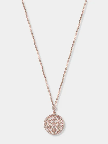 A rose gold necklace with a geometric "flower of life" pendant. The white background ensures the delicate design and warm color of the metal are accurately represented.