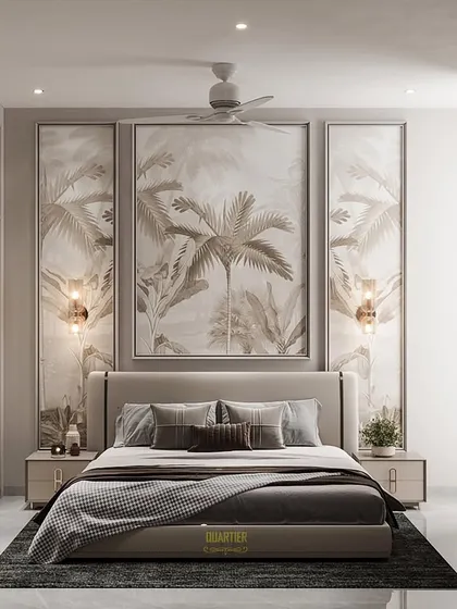 A 3D visualization for a parents' bedroom, featuring a serene and elegant design. The back wall is a triptych of panels with a calming palm wallpaper, flanked by warm wall sconces for a balanced and restful atmosphere.