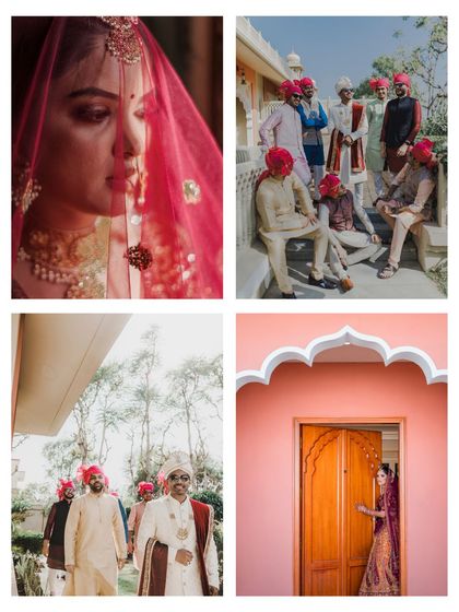 A collage of four distinct images, from a bride's portrait to the groom's baraat, showcasing the variety of moments I capture to tell a complete wedding story.