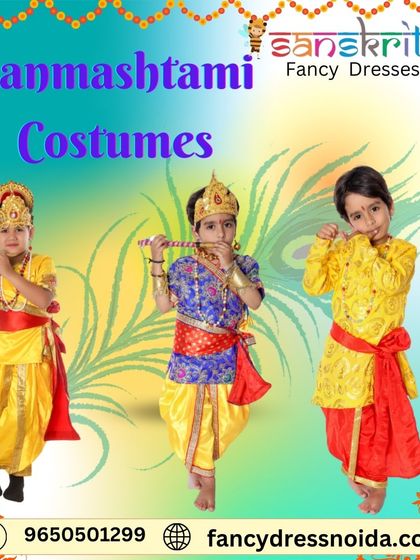 I have a large inventory of Krishna Janmashtami fancy dresses. This image showcases three different styles for boys, highlighting the variety of colors and patterns available.