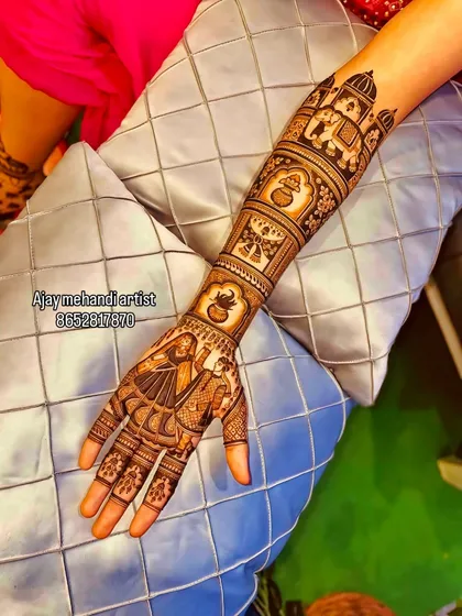 This design features a classic bride and groom figure on the palm, as part of a larger story with elephants and palace motifs.