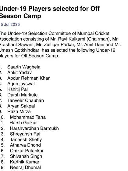 Here is the official selection list from the Mumbai Cricket Association. Seeing our player Shivansh Singh's name on the U19 list is a proud moment for the entire academy.