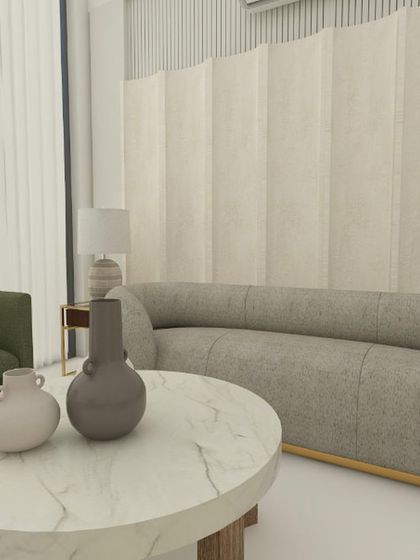 A 3D design for a living room featuring a curved grey sofa, a marble-top coffee table, and interesting wall paneling.