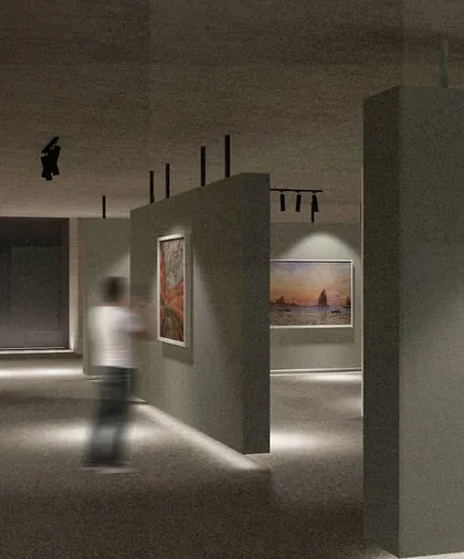 A gallery section within our museum concept. Here, freestanding walls and track lighting are used to create intimate viewing areas, demonstrating how we choreograph movement and perspective in exhibition design.