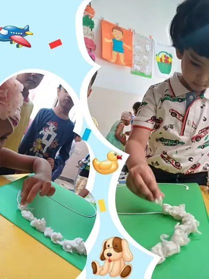 This collage shows the variety of creative ways we teach phonics, from tracing letters with cotton to other hands-on crafts that make learning an adventure.