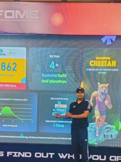 Another look at my performance stats from the Vedanta Delhi Half Marathon, where I finished with a 'Champion Cheetah' ranking.