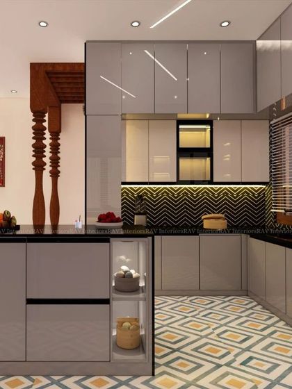 A render of a kitchen with a unique patterned tile floor, grey cabinets, and an island with an integrated hob.