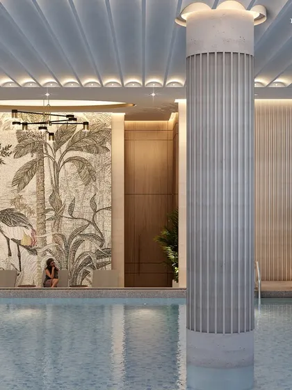 Another view of the Nagpur poolside, showcasing the elegant columns and comfortable lounge furniture. The design celebrates slow living, with every detail crafted to ensure luxury and tranquility can coexist effortlessly.