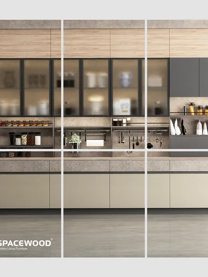 Here is an urban kitchen design focused on providing ample and accessible storage. It includes frosted glass upper cabinets, open shelving for spices, and a rail system for hanging utensils, all set against a neutral, calming color palette.