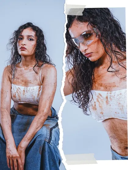 This composite image uses a torn-paper effect to present two moments from a conceptual shoot. It's an effective way to show different angles and moods within a single, art-focused editorial piece.