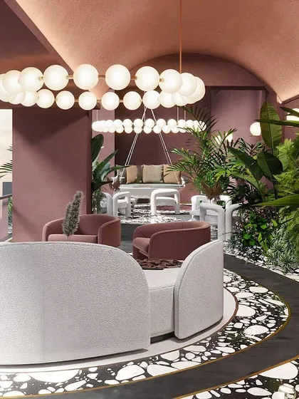 The seating clusters in "Spiced Martini" are like smooth pebbles in a stream, with globe lights above reminiscent of glowing fireflies.