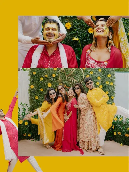 Fun-filled moments from the Haldi, showing friends applying turmeric paste and posing for a group photo.