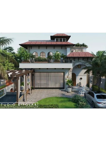 A full view of the Silver Oaks villa, showing the sloping roofs, arched windows, and a spacious balcony that extends the living space outdoors. The design is a harmonious blend of traditional charm and modern living.