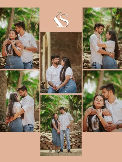 This collage showcases a couple's pre-wedding shoot in a rustic, natural setting with old stone walls and palm trees. It's a perfect example of how we can find beautiful backdrops away from the city.