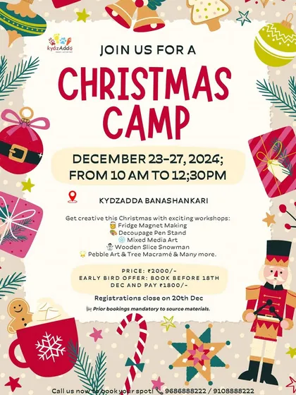 The announcement for our Christmas Camp at the Banashankari location, detailing the exciting workshops like fridge magnet making, decoupage, and pebble art.