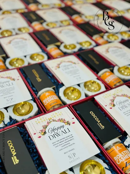 A closer look inside the Diwali hampers for Sidharth Punjabi, showing the careful arrangement of products. This consistency is key for corporate and PR gifting.