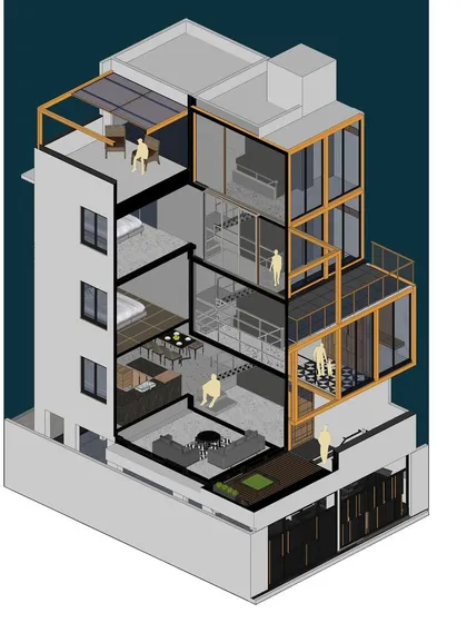 An axonometric section drawing of the 'SOL' residence. This diagram reveals the internal organization of the house, showing the relationship between the different floors, the double-height volumes, and the way the exterior frame interacts with the interior spaces.