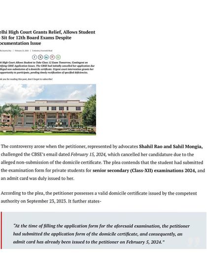 Media coverage detailing another successful case for a student. We challenged the CBSE's cancellation of a Class XII student's candidature over a documentation issue, and the High Court's intervention saved her academic year.