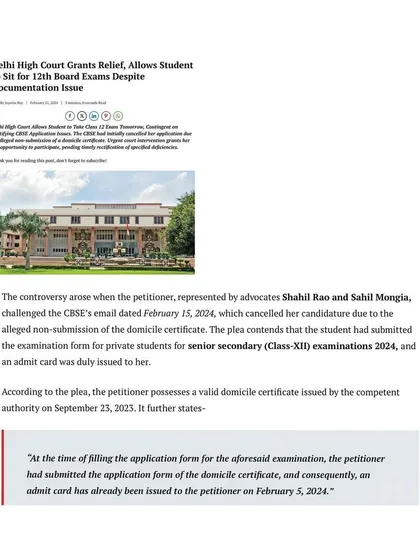 Media coverage detailing another successful case for a student. We challenged the CBSE's cancellation of a Class XII student's candidature over a documentation issue, and the High Court's intervention saved her academic year.