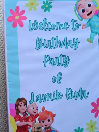 A welcome sign for a Cocomelon-themed first birthday party, setting a fun and friendly tone for the event.