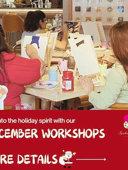 An announcement for our December workshops, inviting everyone to get into the holiday spirit with a fun and creative painting session.