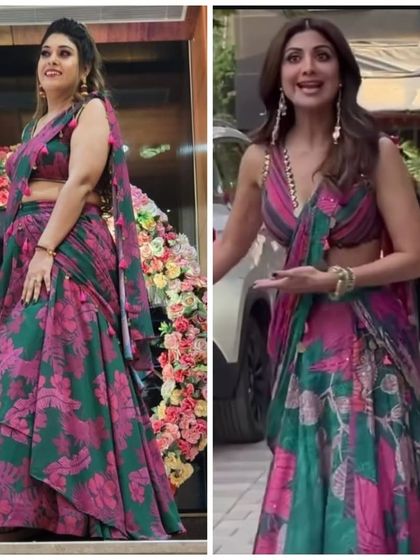 I love recreating celebrity looks for my clients. Here is my custom version of a stunning Shilpa Shetty floral lehenga, perfect for a summer wedding.