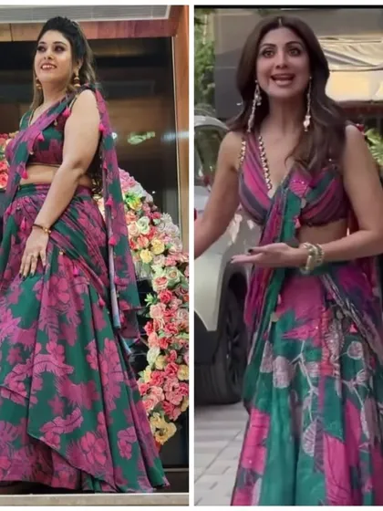 I love recreating celebrity looks for my clients. Here is my version of a beautiful floral saree-lehenga inspired by Shilpa Shetty.