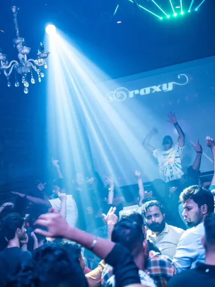 The spotlight hits the crowd at Roxy, Kolkata. I love how the lighting in this club creates dramatic, memorable moments throughout the night.