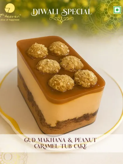 A truly unique Diwali special. Our Gud Makhana & Peanut Caramel Tub Cake combines the earthy sweetness of jaggery with crunchy makhana and luscious caramel.