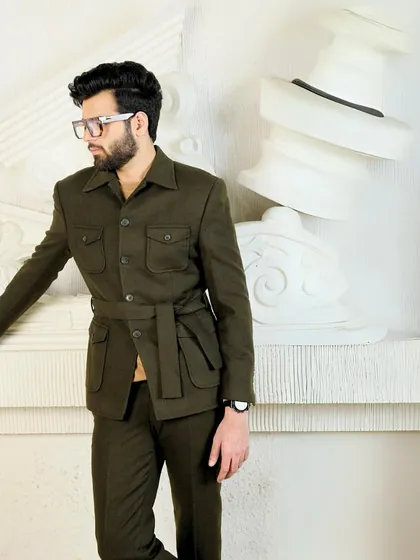 Another view of the olive green co-ord set, emphasizing its rich color and modern, utilitarian-inspired design.