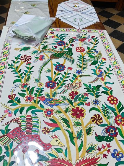 A stunning piece of hand-painted and embroidered art from the Cluny Centre. Supporting such initiatives helps provide sustainable livelihoods for women and preserves traditional crafts.