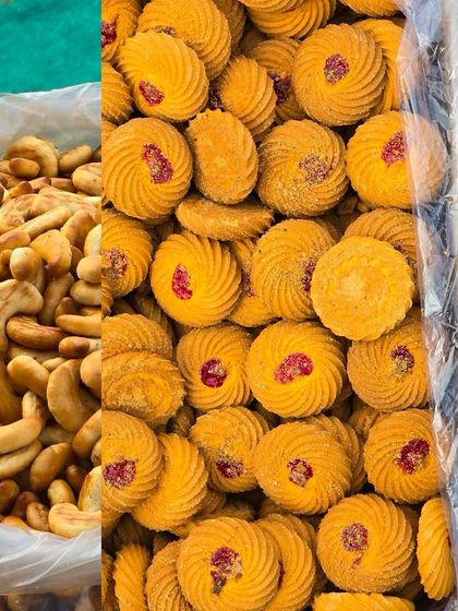 The satisfying crunch of street snacks, this collage features jam-filled biscuits and cashews sold at a local market.