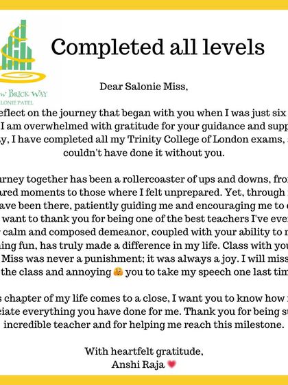 A heartfelt note from a student who started with us at six years old. Her reflection on completing all her Trinity exams speaks to the discipline, determination, and joy that define the journey at Yellow Brick Way.