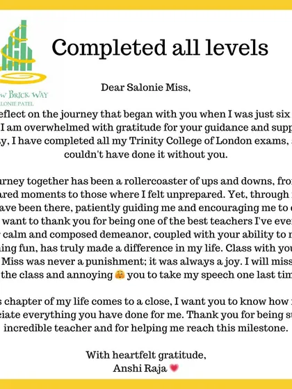 A heartfelt note from a student who started with us at six years old. Her reflection on completing all her Trinity exams speaks to the discipline, determination, and joy that define the journey at Yellow Brick Way.
