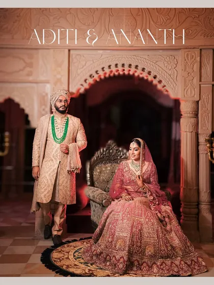 This is the essence of a royal Rajasthan wedding. A regal portrait of the couple in their magnificent attire, set against the architectural splendor of a palace, showcasing our expertise in creating grand, heritage-inspired wedding photography.
