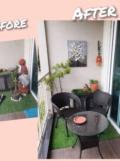 We took this cluttered corner and turned it into a peaceful cafe style seating area. By adding a simple wicker table and chairs, we created a perfect spot for morning coffee.