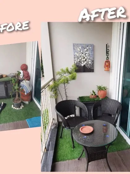 We took this cluttered corner and turned it into a peaceful cafe style seating area. By adding a simple wicker table and chairs, we created a perfect spot for morning coffee.