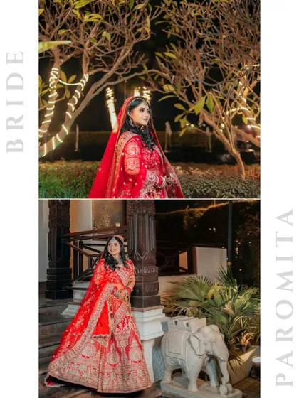 A diptych of the bride, Paromita, in her stunning red lehenga, captured at night. The warm lighting and grand venue add to the regal feel of her portraits.