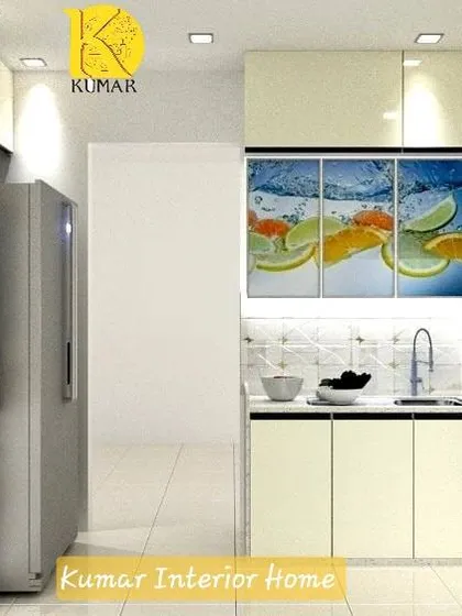 A side view of the kitchen with digital print shutters, showing the seamless integration of the refrigerator and oven tower unit.
