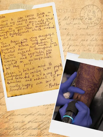 Pratham's handwritten note thanking the team for the seamless extension of his tattoo and the excellent hospitality.