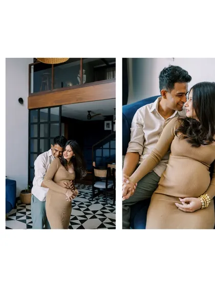 A two-photo collage showing different angles of the couple's embrace in their home. The consistent, warm toning gives the images a cohesive, story-like feel.