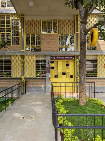 The Mathru School for the Blind, which features a unique facade made from windows salvaged from another of our projects. This is a clear example of our principle: "waste for one is a resource for another."