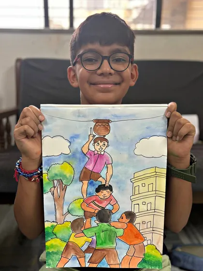 A student's detailed memory drawing of a Dahi Handi celebration for Janmashtami. This artwork captures the energy and teamwork of the festival.