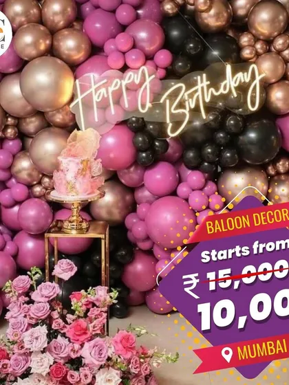 I plan more than just weddings. This bold birthday setup features a massive balloon wall in pink and gold, complete with a custom neon sign, creating the perfect backdrop for photos and celebrations.